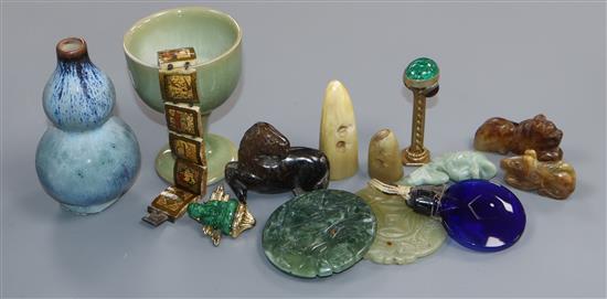 A collection of Chinese hardstone carvings, a miniature vase, etc